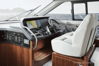 Luxurious 2026 Princess F50 yacht cockpit with advanced navigation system and plush seating.