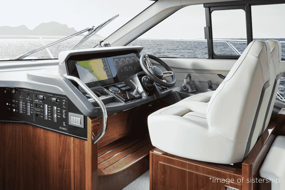 Luxurious 2026 Princess F50 yacht cockpit with advanced navigation system and plush seating.