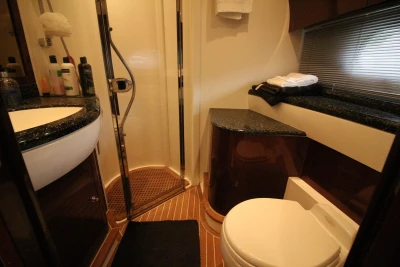 Luxurious bathroom on a 2004 Princess 61 yacht.