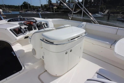Luxurious cockpit of a 2004 Princess 61 yacht in the harbor.
