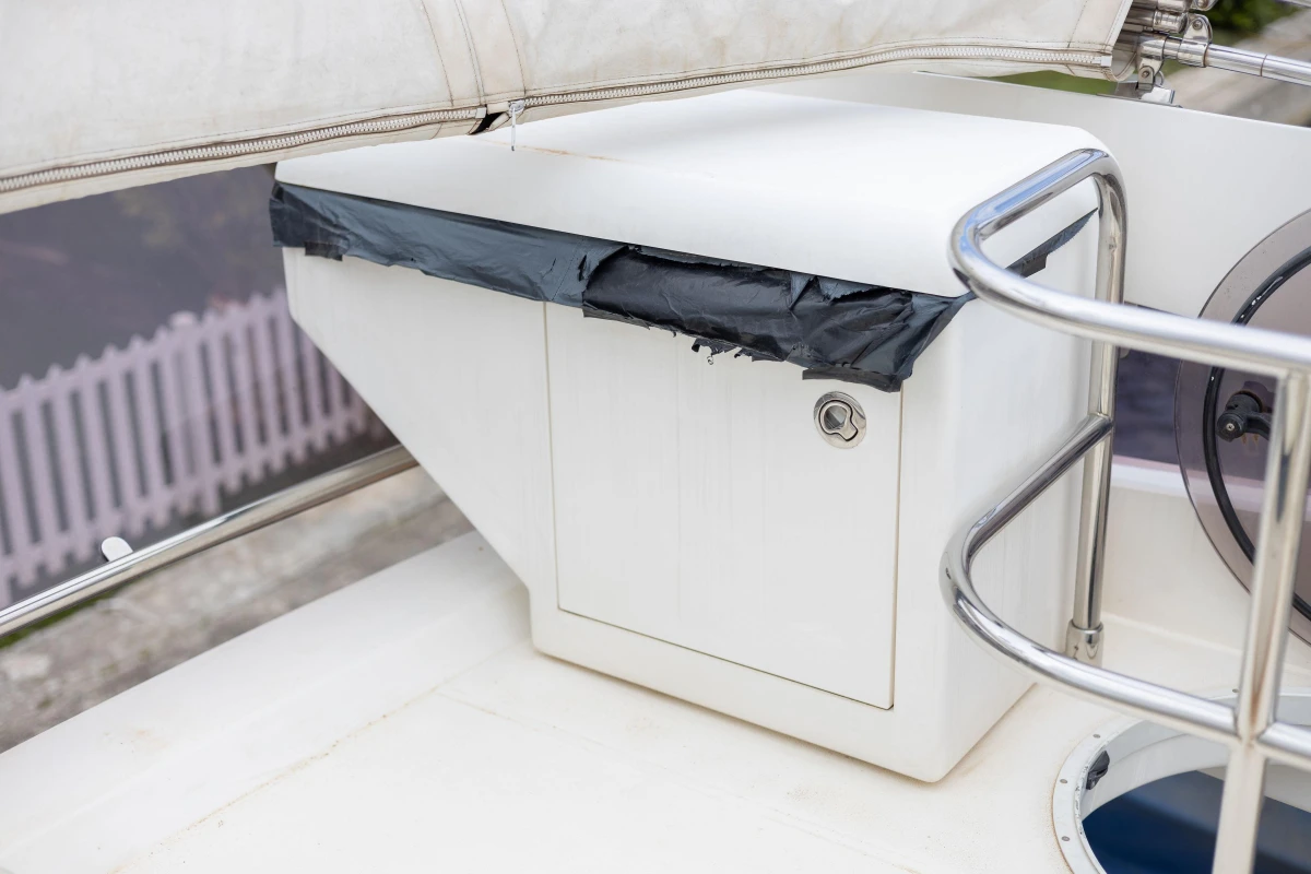 White storage compartment on 2013 Princess 42 yacht deck, secured with black tape.