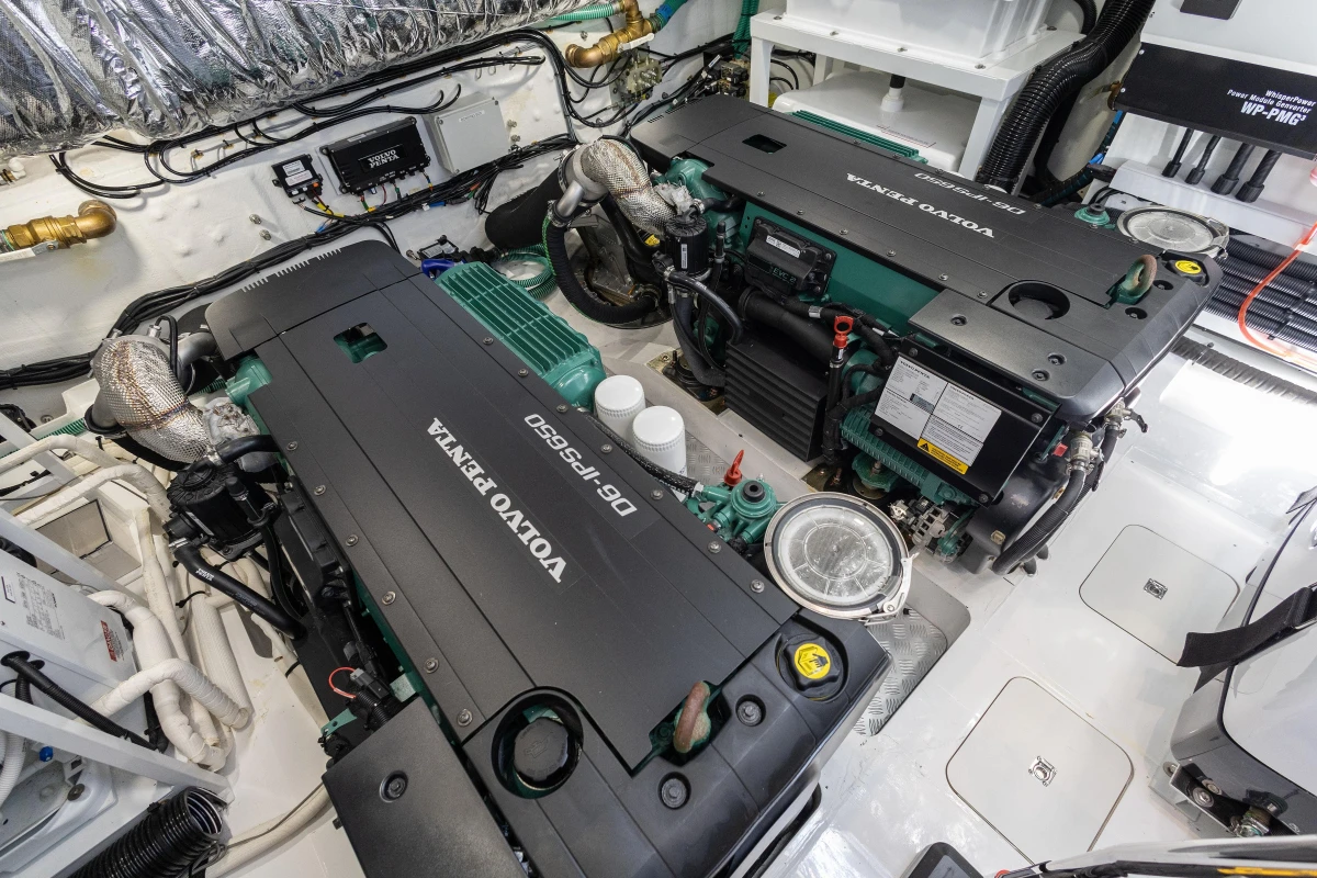 Engine room of 2023 Princess V50 yacht with Volvo Penta engines.