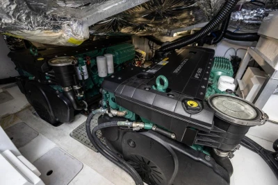 Engine room of 2015 Princess V48 Open yacht with Volvo Penta IPS 600 engines.