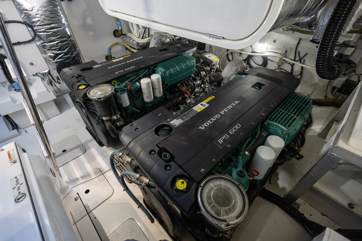 Engine room of 2014 Princess V48 yacht with Volvo Penta IPS 600 engines.