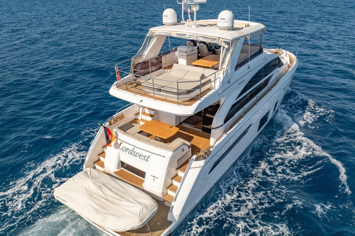Luxury 2017 Princess 68 yacht cruising on open sea.