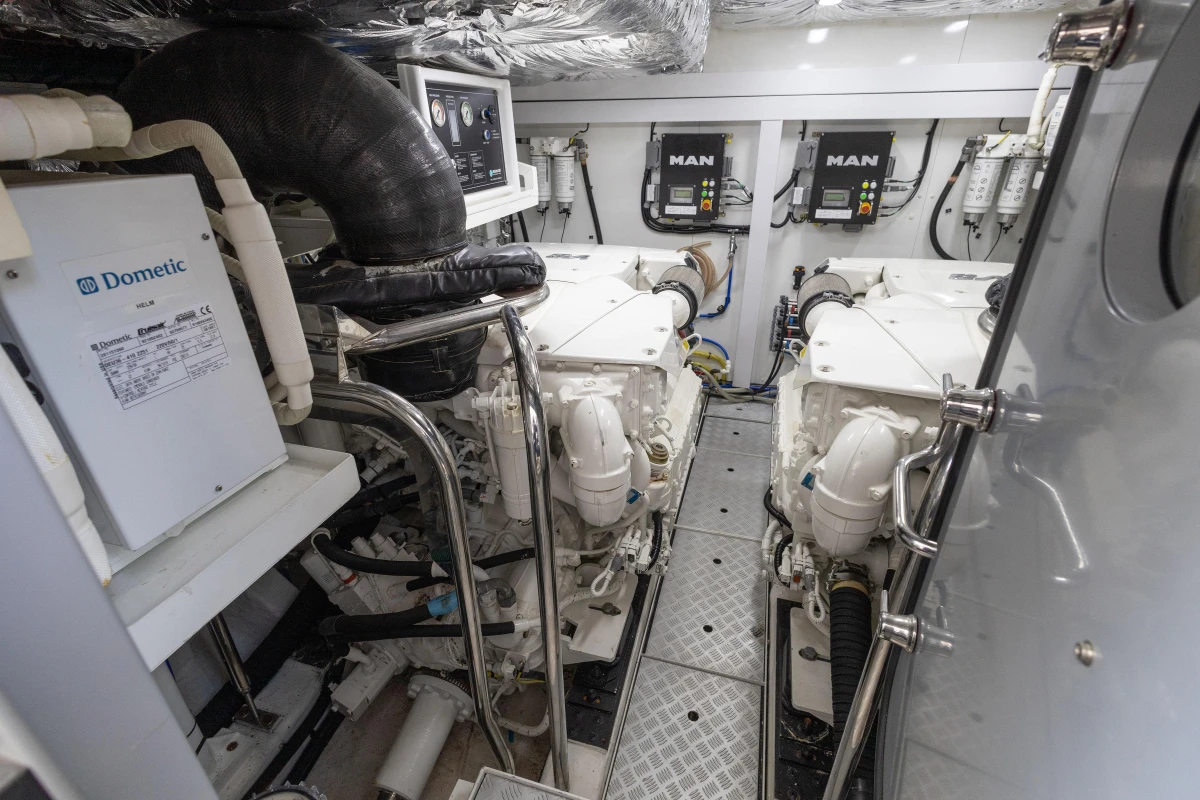Engine room of 2017 Princess 68 yacht with MAN engines and Dometic system.