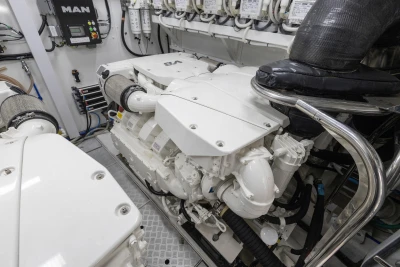 Engine room of a 2017 Princess 68 yacht, featuring a MAN engine.