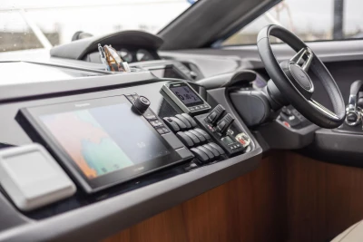 Control panel of a 2017 Princess 52 yacht with modern navigation equipment.