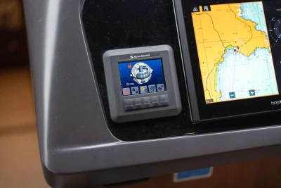 Control panel of a 2017 Princess 52 yacht with navigation and stabilization displays.