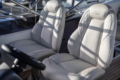 Luxurious cockpit seats on the 2025 Princess F50 yacht.