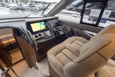 Interior of 2025 Princess F50 yacht with modern cockpit.