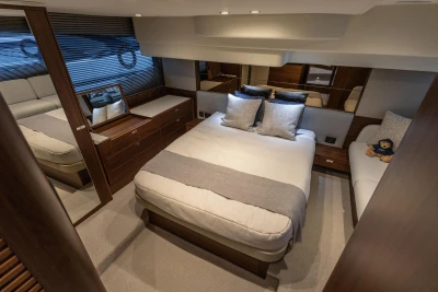 Luxurious bedroom on the 2025 Princess F50 yacht.