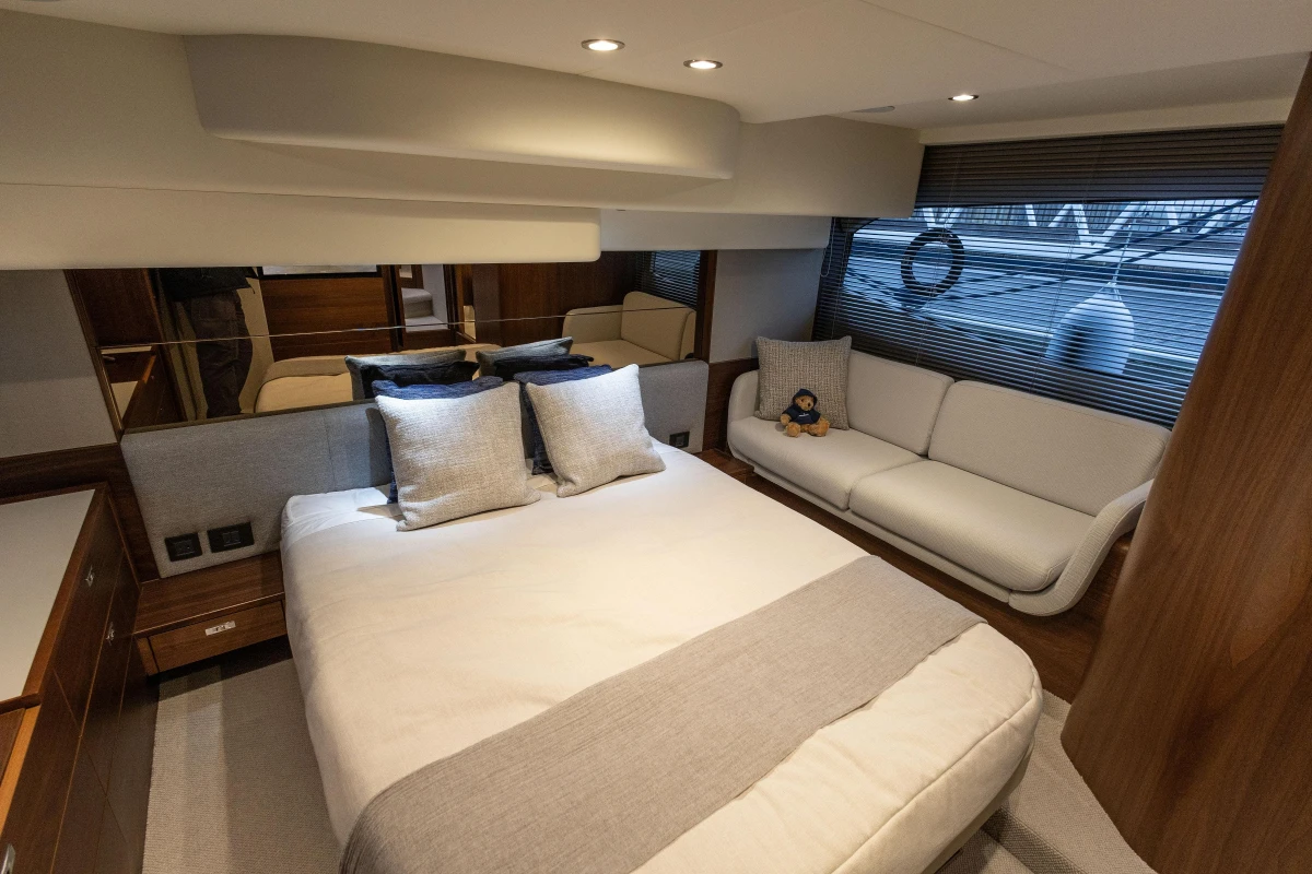 Luxurious bedroom on the 2025 Princess F50 yacht.