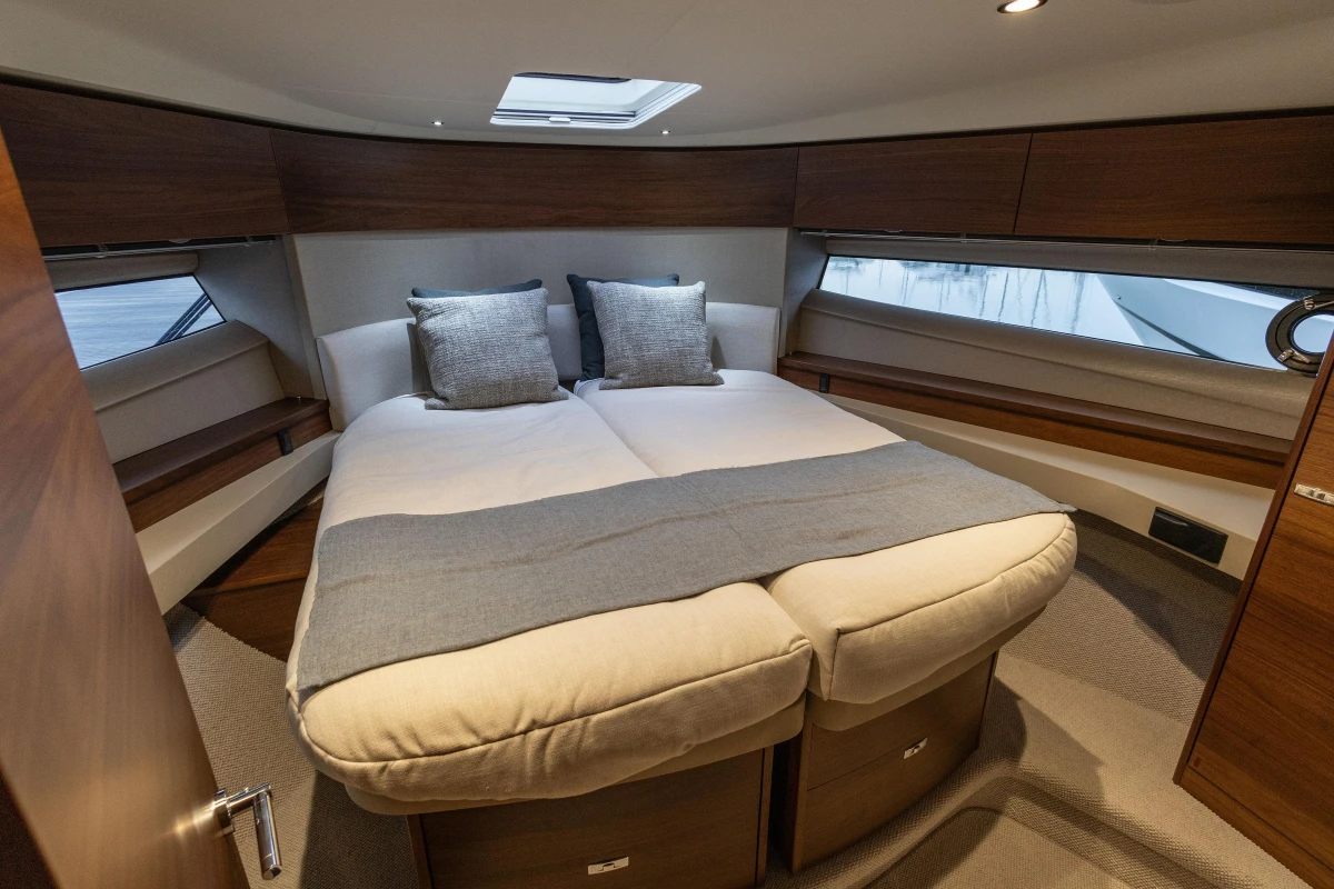Luxurious cabin of the 2025 Princess F50 yacht.