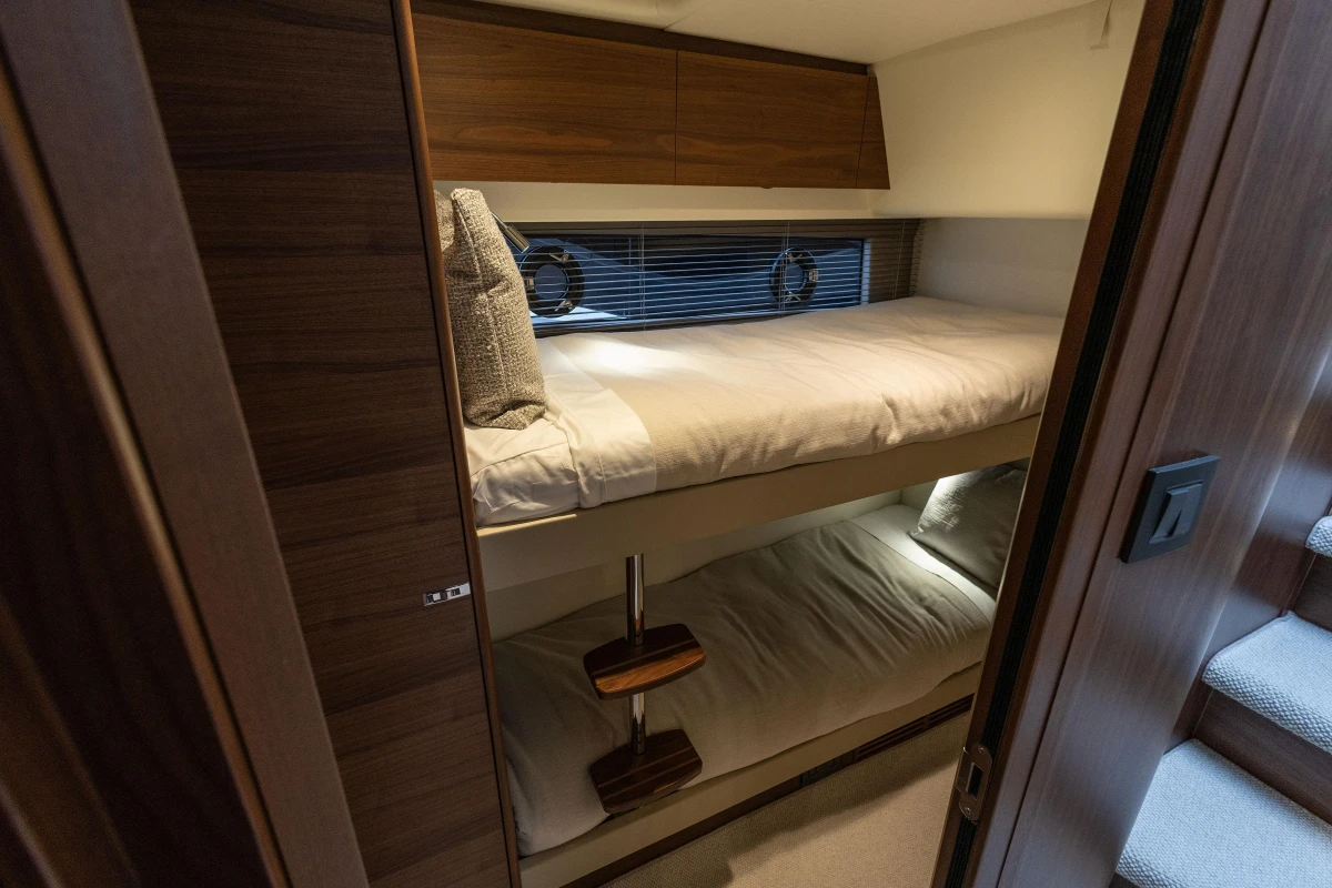 Interior of Princess F50 yacht with bunk beds, year 2025.