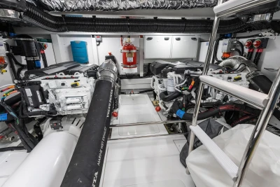 Engine room of 2025 Princess F50 yacht with modern equipment.