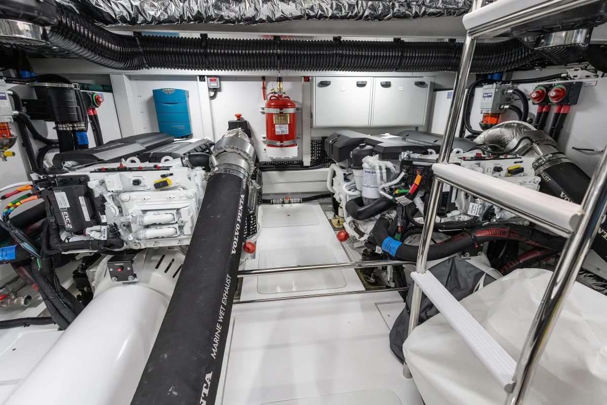 Engine room of 2025 Princess F50 yacht with modern equipment.
