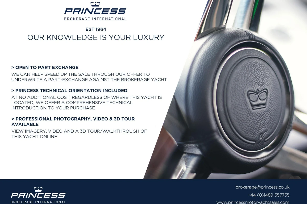 Princess V48 Open 2017 yacht advertisement highlighting part exchange, technical orientation, and 3D tour.
