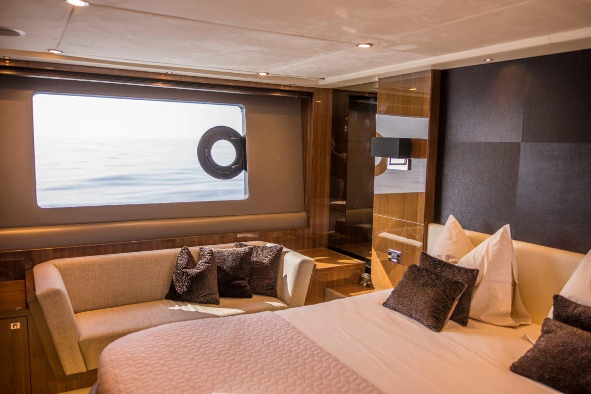 Luxurious interior of 2013 Princess 72 Motor Yacht with elegant seating and ocean view.