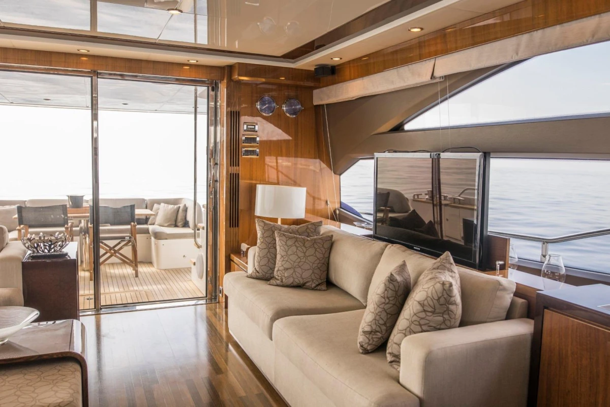 Luxurious interior of 2013 Princess 72 Motor Yacht with elegant seating and ocean view.