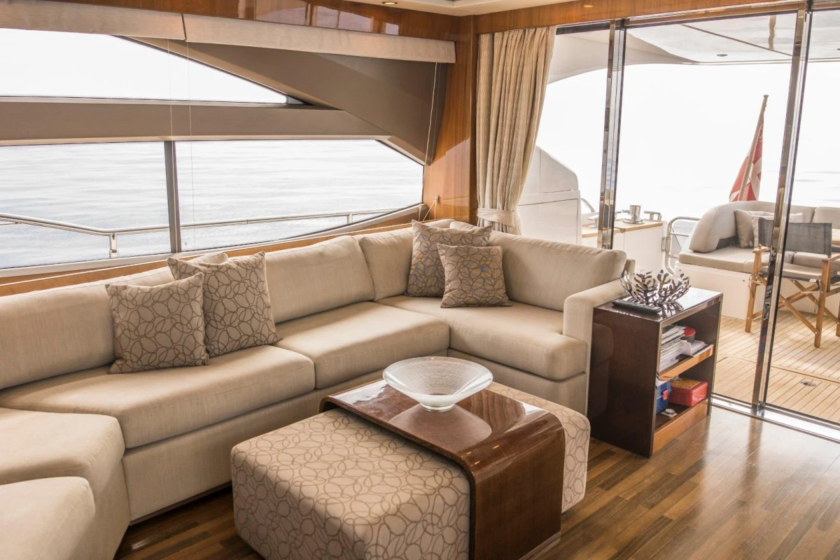 Luxurious interior of 2013 Princess 72 Motor Yacht with elegant seating and ocean view.