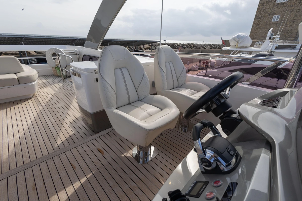 Luxurious 2020 Princess F62 yacht deck with modern seating and steering controls.