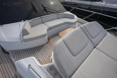 Luxurious seating area on a 2020 Princess F62 yacht with elegant design.