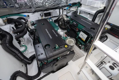 Engine room of 2025 Princess V50 yacht featuring Volvo Penta engines.