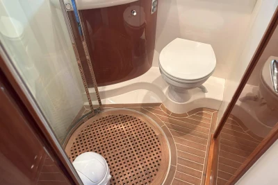 Luxurious bathroom in 2004 Princess 45 Flybridge Motor Yacht with modern fixtures.