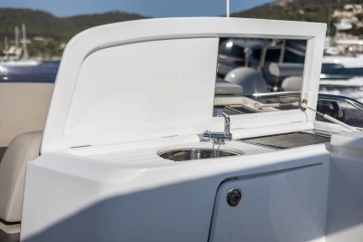 Outdoor sink and grill on 2018 Princess S60 yacht deck.
