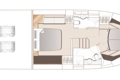 Floor plan of 2023 Princess F45 yacht, featuring bedroom, bathroom, and living area layout.