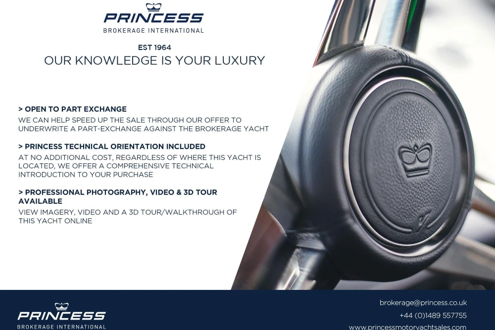Princess S60 yacht advertisement highlighting part exchange, technical orientation, and 3D tour services.