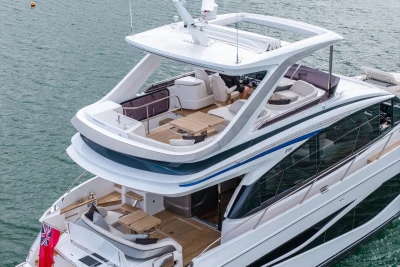 Luxurious 2025 Princess F58 yacht with spacious decks and elegant design on the water.