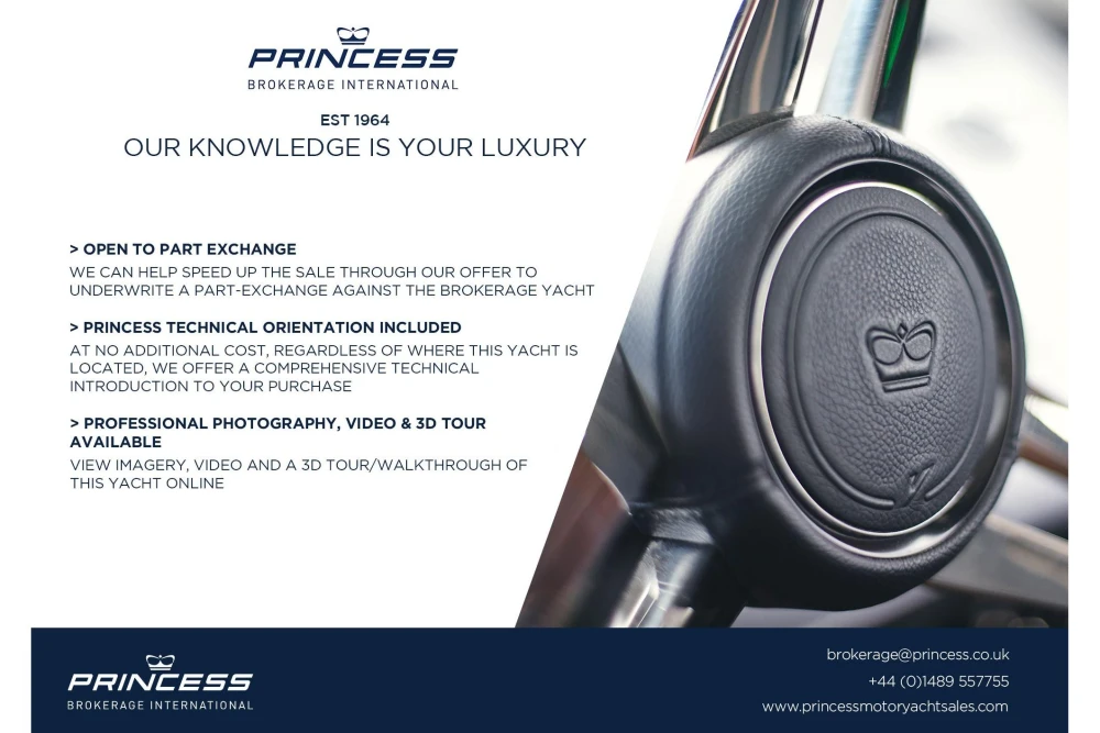 Princess X80 yacht brochure highlighting part exchange, technical orientation, and 3D tour options.