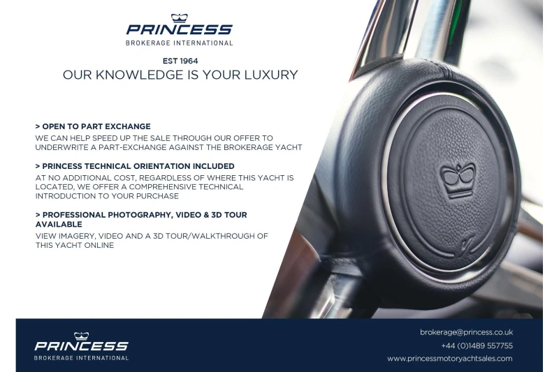 Princess X80 yacht brochure highlighting part exchange, technical orientation, and 3D tour options.