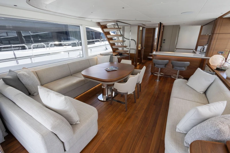 Luxurious interior of 2024 Princess X80 yacht with elegant seating and modern design.