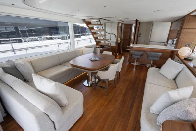 Luxurious interior of 2024 Princess X80 yacht with elegant seating and modern design.