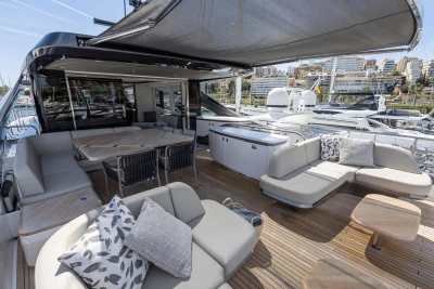 Luxurious 2024 Princess X80 yacht deck with elegant seating and modern amenities.