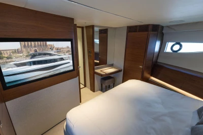 Luxurious interior of 2024 Princess X80 yacht with modern design and elegant furnishings.