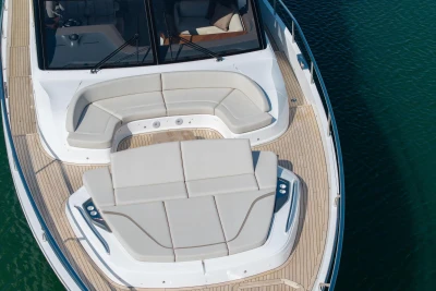 Luxurious deck of 2026 Princess Y72 yacht with elegant seating and teak flooring.