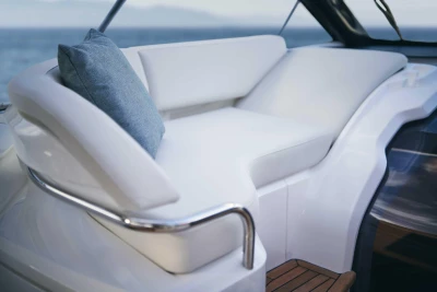 Luxurious seating on 2026 Princess V50 Open yacht with ocean view.