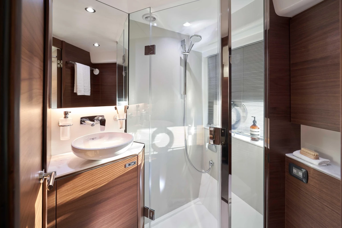 Luxurious bathroom in 2026 Princess V50 Open yacht with modern fixtures and elegant design.