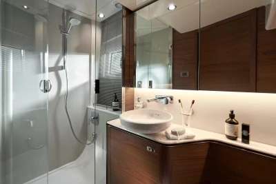 Luxurious bathroom in 2026 Princess V50 Open yacht with modern fixtures and elegant design.