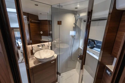 Luxurious bathroom in 2026 Princess V50 Open yacht with modern fixtures and elegant design.