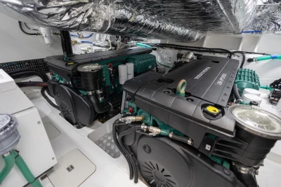 Engine room of 2026 Princess V50 Open yacht with Volvo Penta engines.
