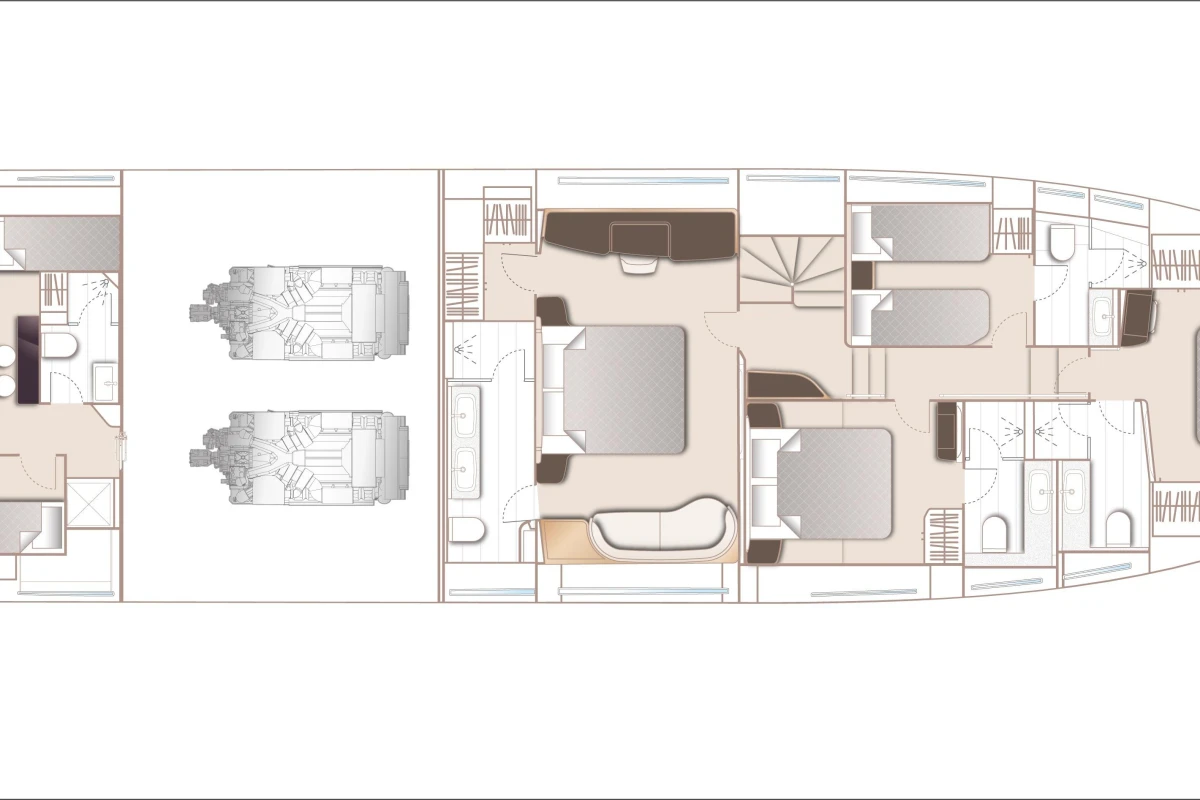 Floor plan of 2026 Princess X80 yacht, showcasing interior layout and engine placement.