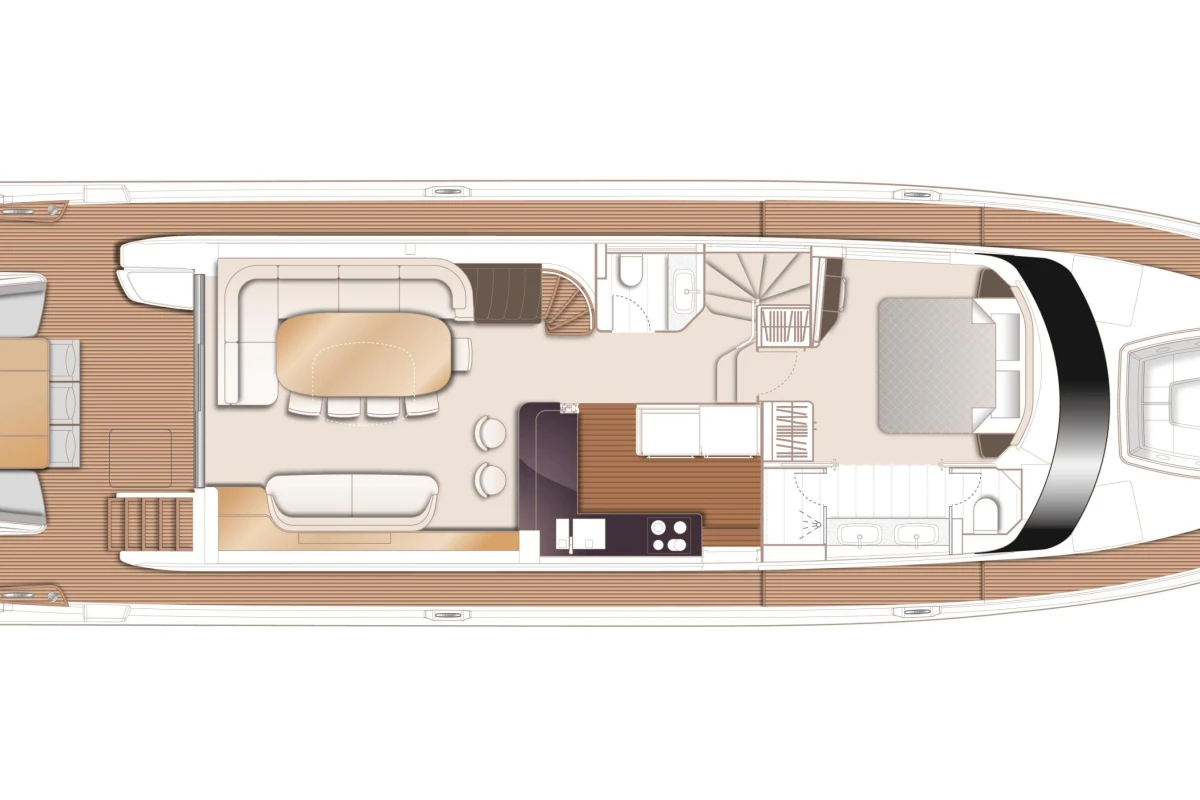 Deck layout of 2026 Princess X80 yacht, featuring luxurious interior design and amenities.