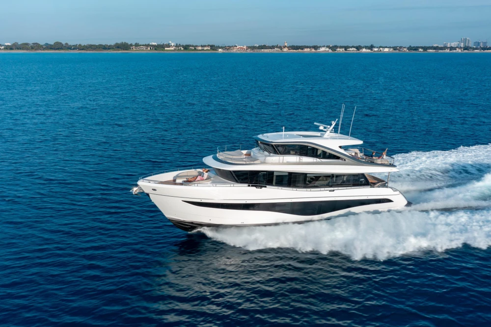 Luxury 2026 Princess X80 yacht cruising on open blue sea.