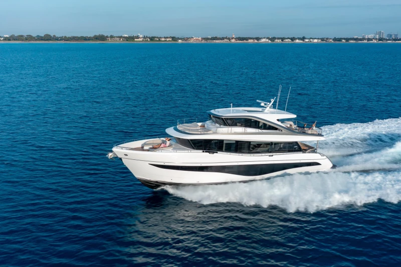 Luxury 2026 Princess X80 yacht cruising on open blue sea.