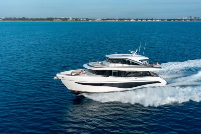 Luxury 2026 Princess X80 yacht cruising on open blue sea.